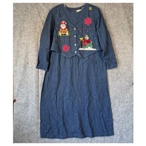 Vtg Christmas Denim Vest Dress Maxi Embroidery Teacher Womens 20W 90s